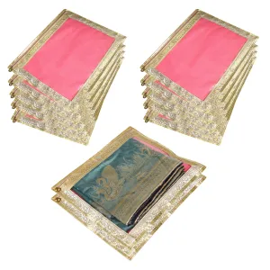 Kuber Industries Saree Cover | Clothes Storage Bag | Single Packing Saree with Zip Closure | Wardrobe Organizer | Cloth Stoarge Organizer | 4 Side Lace Saree Cover | Pack of 12 | Light Pink