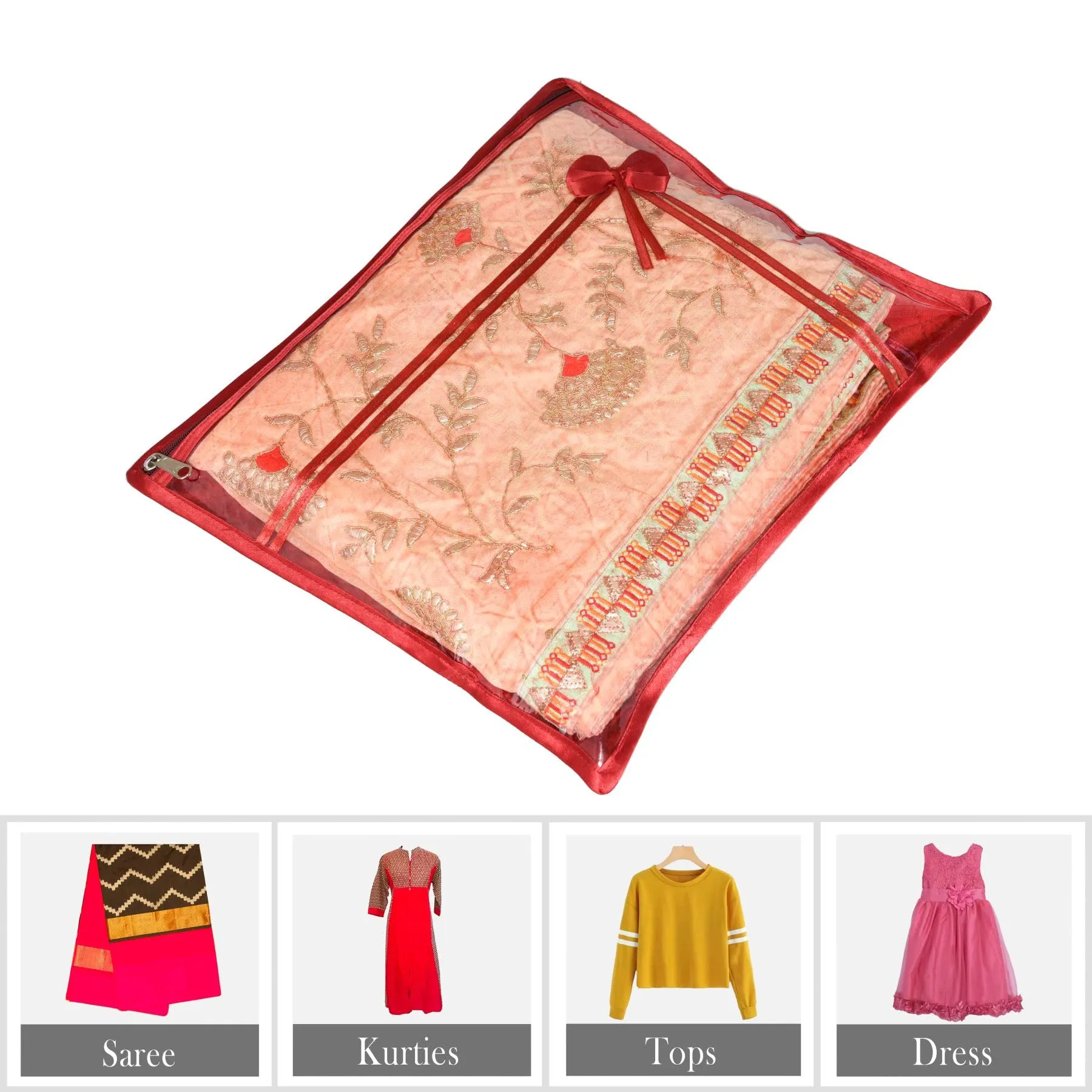 Kuber Industries Saree Cover | Clothes Storage Bag | Single Packing Saree with Zip Closure | Wardrobe Organizer | Cloth Stoarge Organizer | Bow-Design | Pack of 6 | Maroon