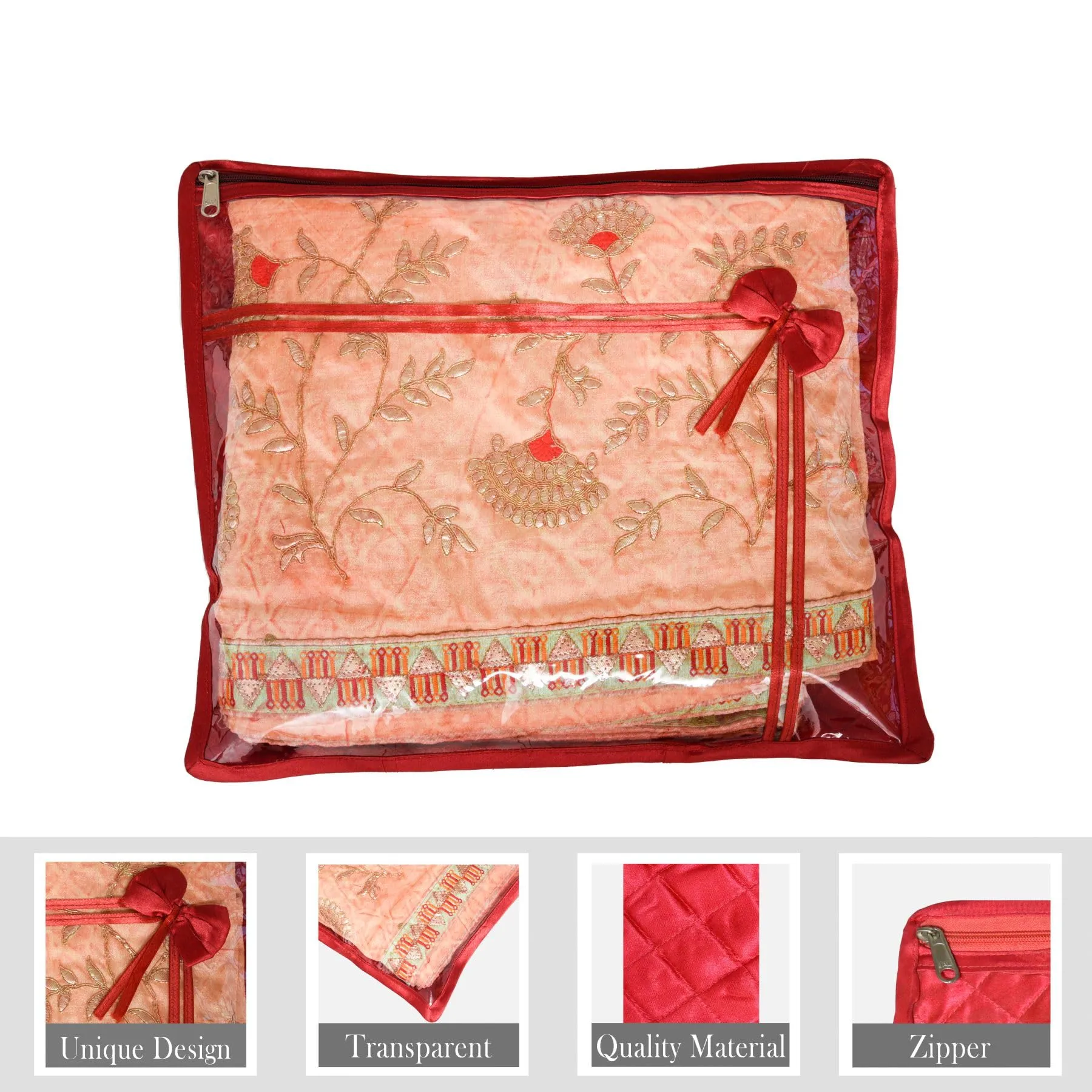 Kuber Industries Saree Cover | Clothes Storage Bag | Single Packing Saree with Zip Closure | Wardrobe Organizer | Cloth Stoarge Organizer | Bow-Design | Pack of 6 | Maroon