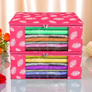Kuber Industries Saree Cover | Clothes Storage Bag | Storage Organizer Bag | Zip Closure Saree Cover | Wardrobe Organizer | Peacock Feather-Design | 6 Inch | Pack of 2 | Pink