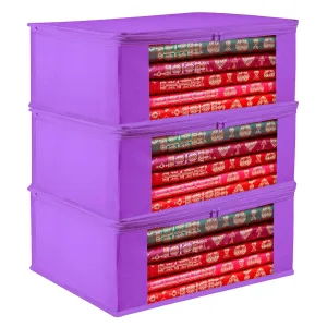Kuber Industries Saree Cover | Clothes Storage Bag | Storage Organizer Bag | Zip Closure Saree Cover | Wardrobe Organizer | Plain Transparent Window Saree Cover | 6 Inch | Pack of 3 | Purple