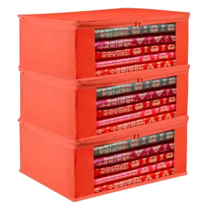 Kuber Industries Saree Cover | Clothes Storage Bag | Storage Organizer Bag | Zip Closure Saree Cover | Wardrobe Organizer | Plain Transparent Window Saree Cover | 6 Inch | Pack of 3 | Red