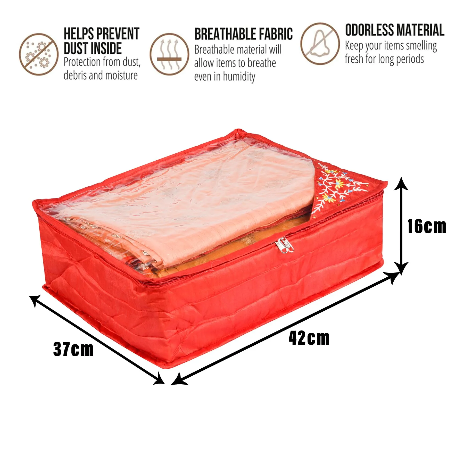 Kuber Industries Saree Cover | Clothes Storage Bag | Storage Organizer Bag | Zip Closure Saree Cover | Wardrobe Organizer | Side Embroidery Saree Cover | 6 Inch | Pack of 2 | Red