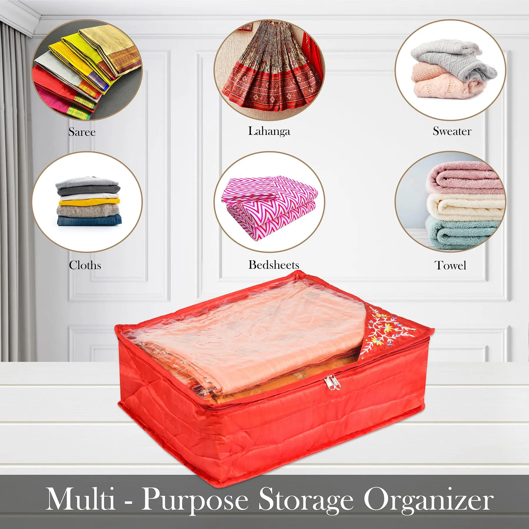 Kuber Industries Saree Cover | Clothes Storage Bag | Storage Organizer Bag | Zip Closure Saree Cover | Wardrobe Organizer | Side Embroidery Saree Cover | 6 Inch | Pack of 2 | Red