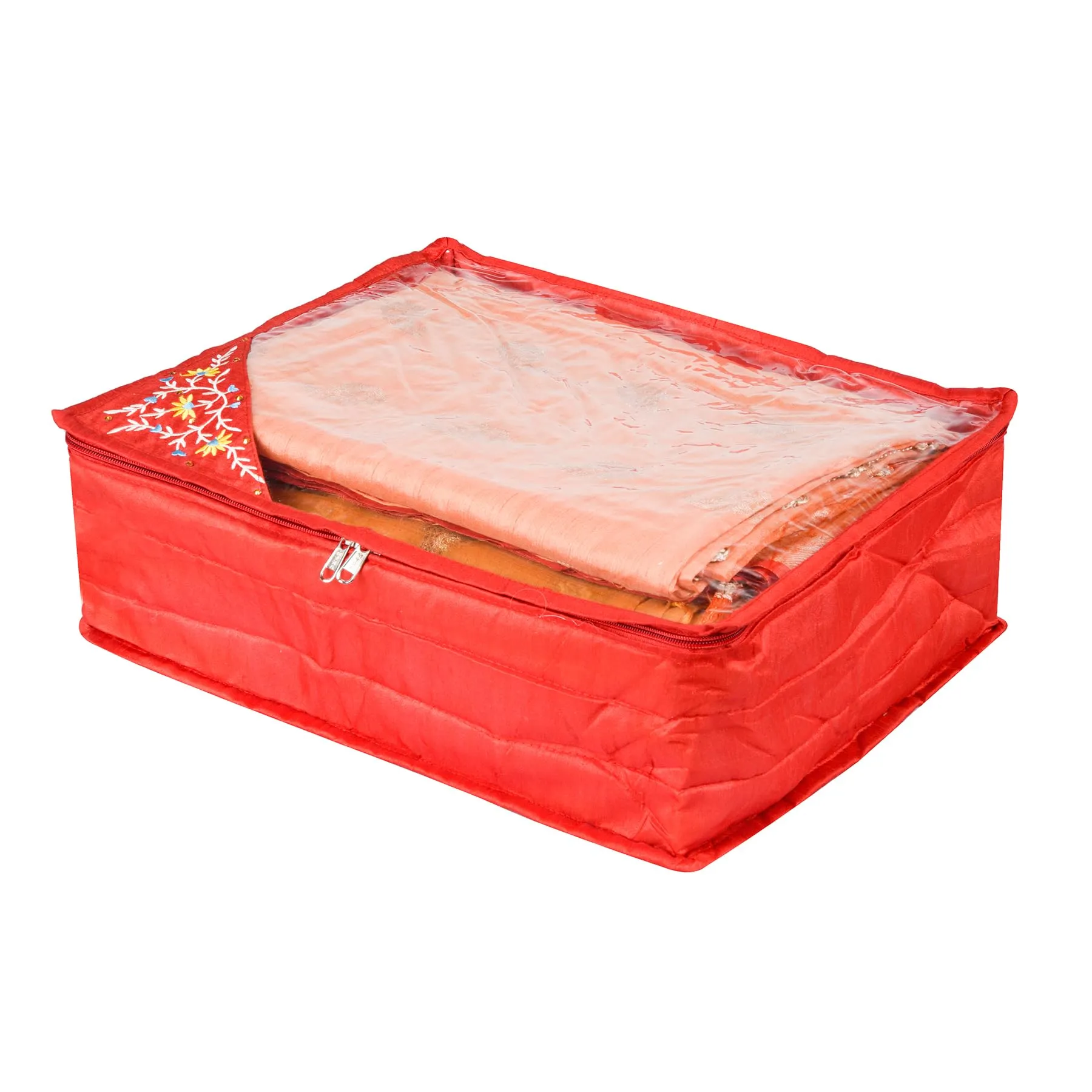 Kuber Industries Saree Cover | Clothes Storage Bag | Storage Organizer Bag | Zip Closure Saree Cover | Wardrobe Organizer | Side Embroidery Saree Cover | 6 Inch | Pack of 2 | Red
