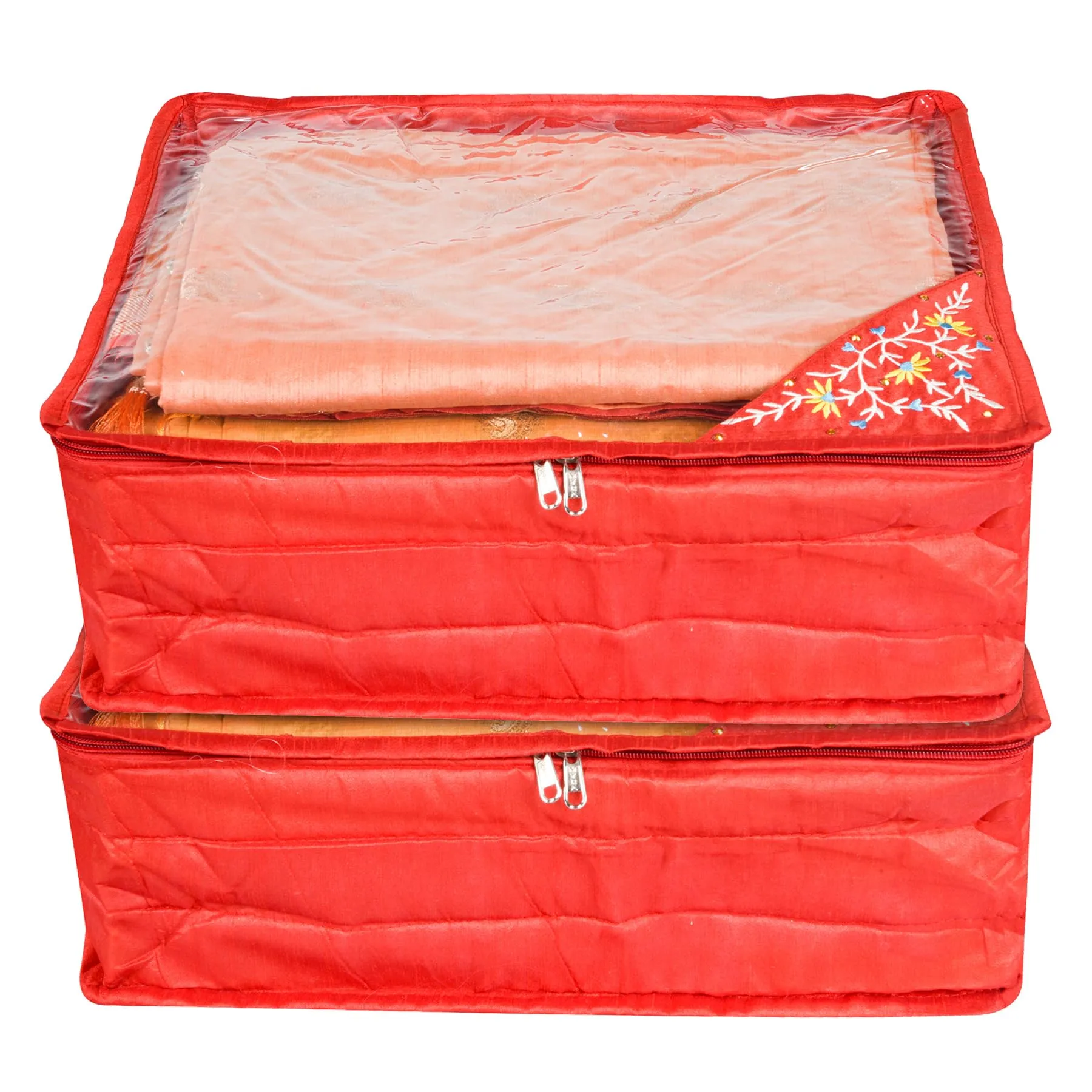 Kuber Industries Saree Cover | Clothes Storage Bag | Storage Organizer Bag | Zip Closure Saree Cover | Wardrobe Organizer | Side Embroidery Saree Cover | 6 Inch | Pack of 2 | Red