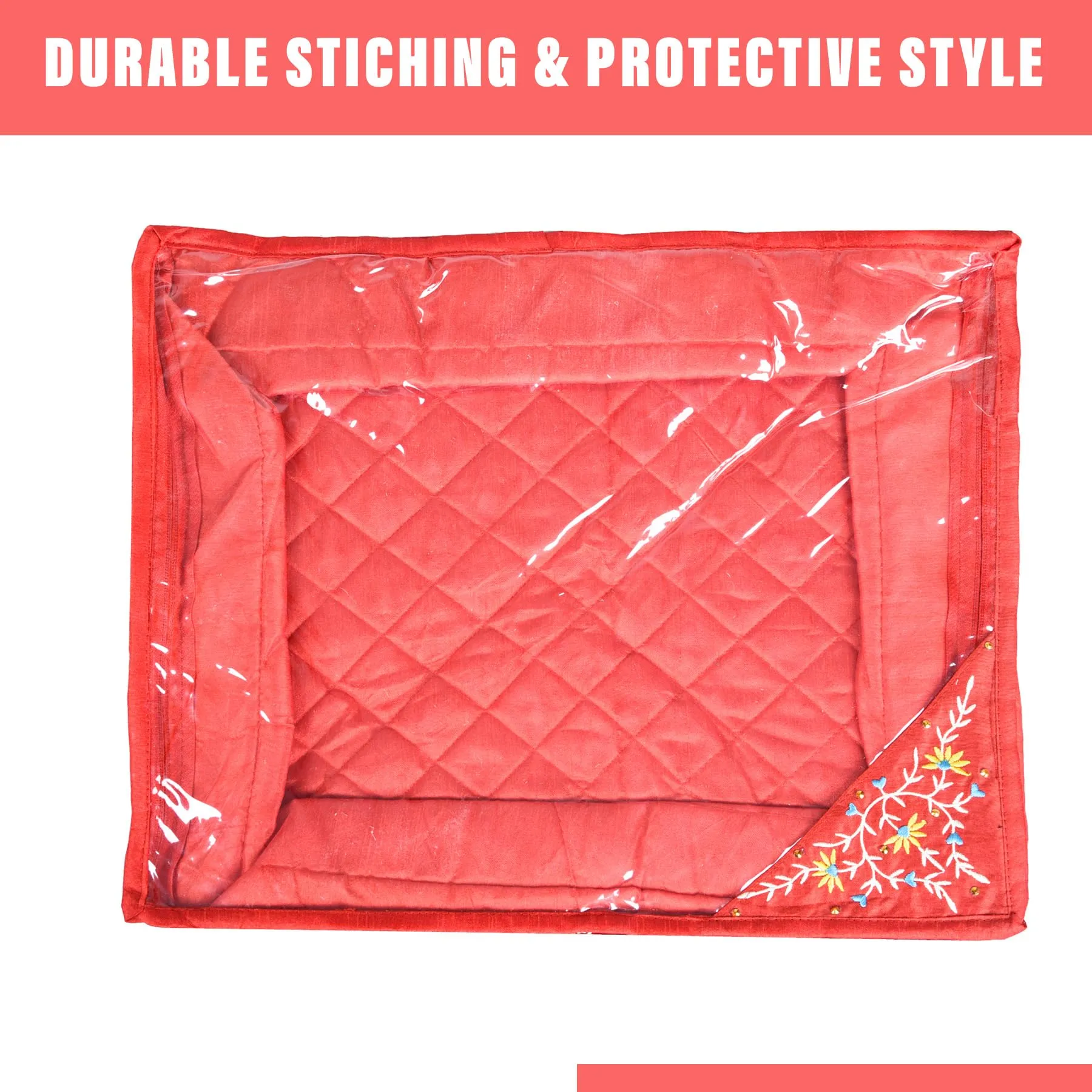 Kuber Industries Saree Cover | Clothes Storage Bag | Storage Organizer Bag | Zip Closure Saree Cover | Wardrobe Organizer | Side Embroidery Saree Cover | 6 Inch | Pack of 2 | Red