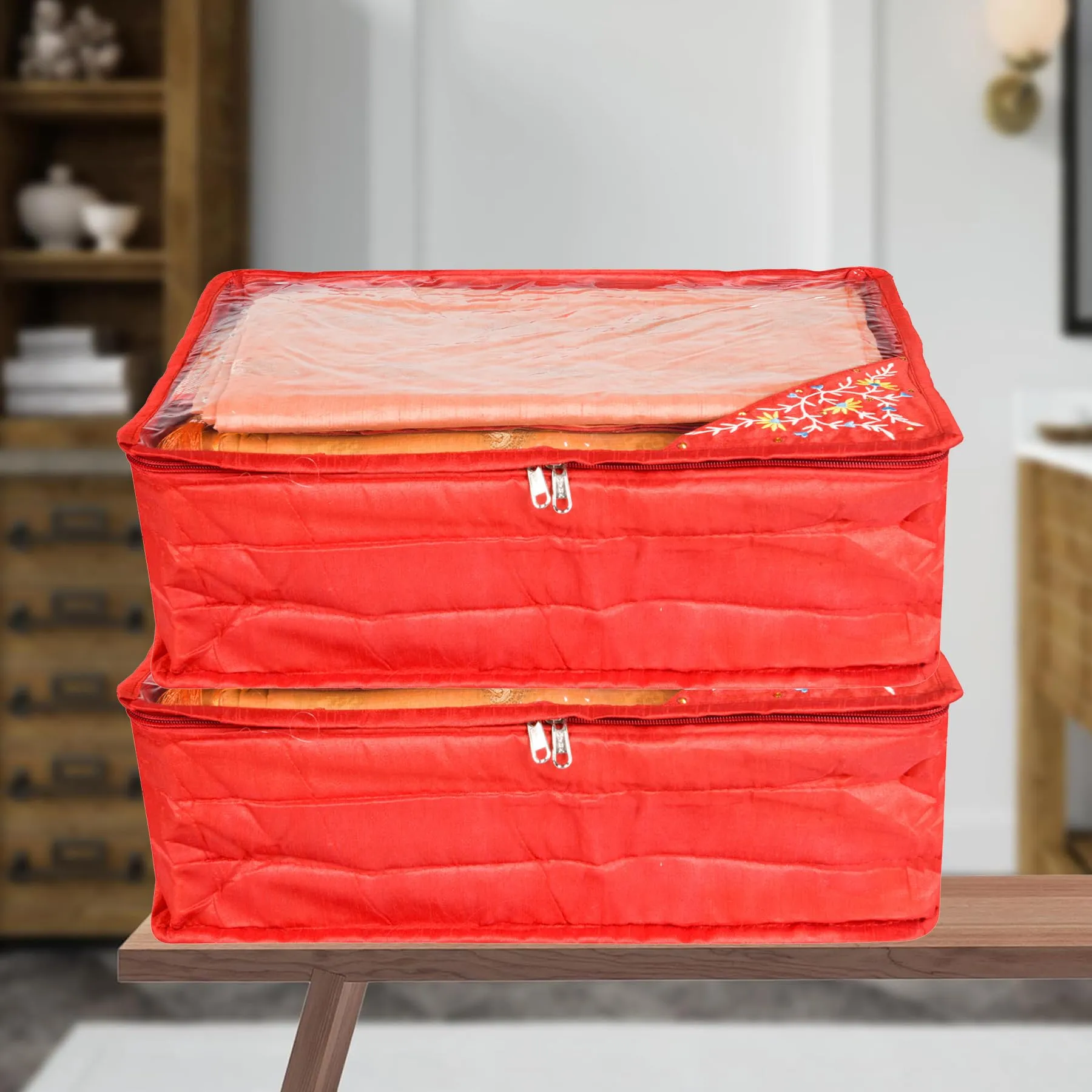 Kuber Industries Saree Cover | Clothes Storage Bag | Storage Organizer Bag | Zip Closure Saree Cover | Wardrobe Organizer | Side Embroidery Saree Cover | 6 Inch | Pack of 2 | Red