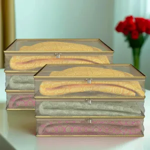Kuber Industries Saree Cover | Clothes Storage Bag | Suit Packing Cover | Cloth Stoarge Organizer | Wardrobe Cloth Storage Organiser with Zip | Mesh Transparent | 3 Inch | Pack of 6 | Gold