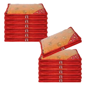 Kuber Industries Saree Cover | Clothes Storage Bag | Suit Packing Cover | Cloth Stoarge Organizer | Wardrobe Cloth Storage Organiser with Zip | Side Embroidery-Design | 3 Inch | Pack of 12 | Red
