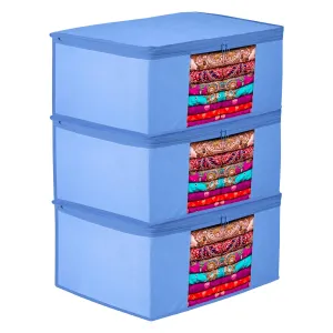 Kuber Industries Saree Cover | Clothes Storage Bag | Wardrobe Organizer | Zip Closure Saree Cover | Transparent Window Saree Cover | Plain Saree Cover | 9 Inch | Pack of 3 | Light Blue