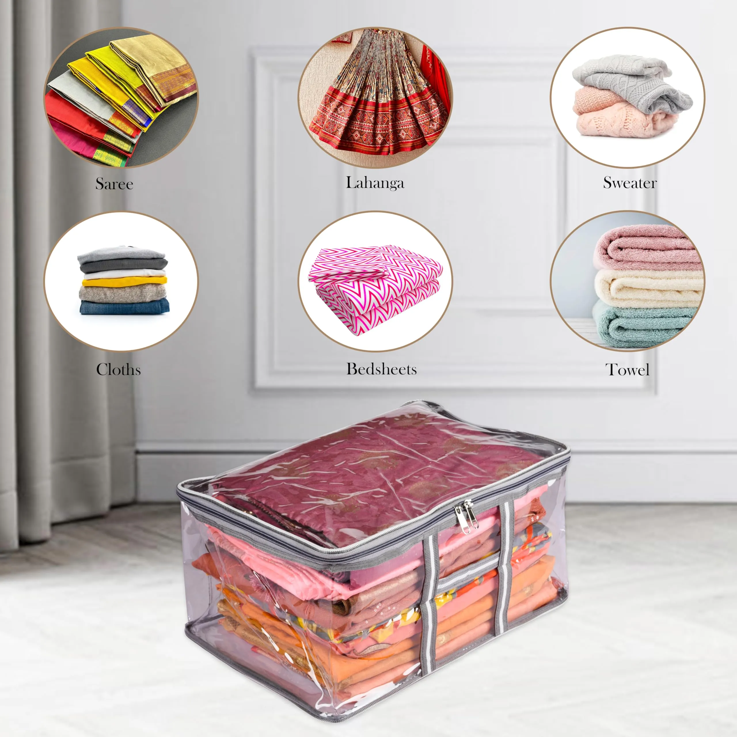 Kuber Industries Saree Cover | Clothes Storage Bag | Zip Closure Saree Cover | Wardrobe Organizer | Cloth Storage Organiser | Mesh Transparent Saree Cover | 3 Inch | Pack of 3 | Gray