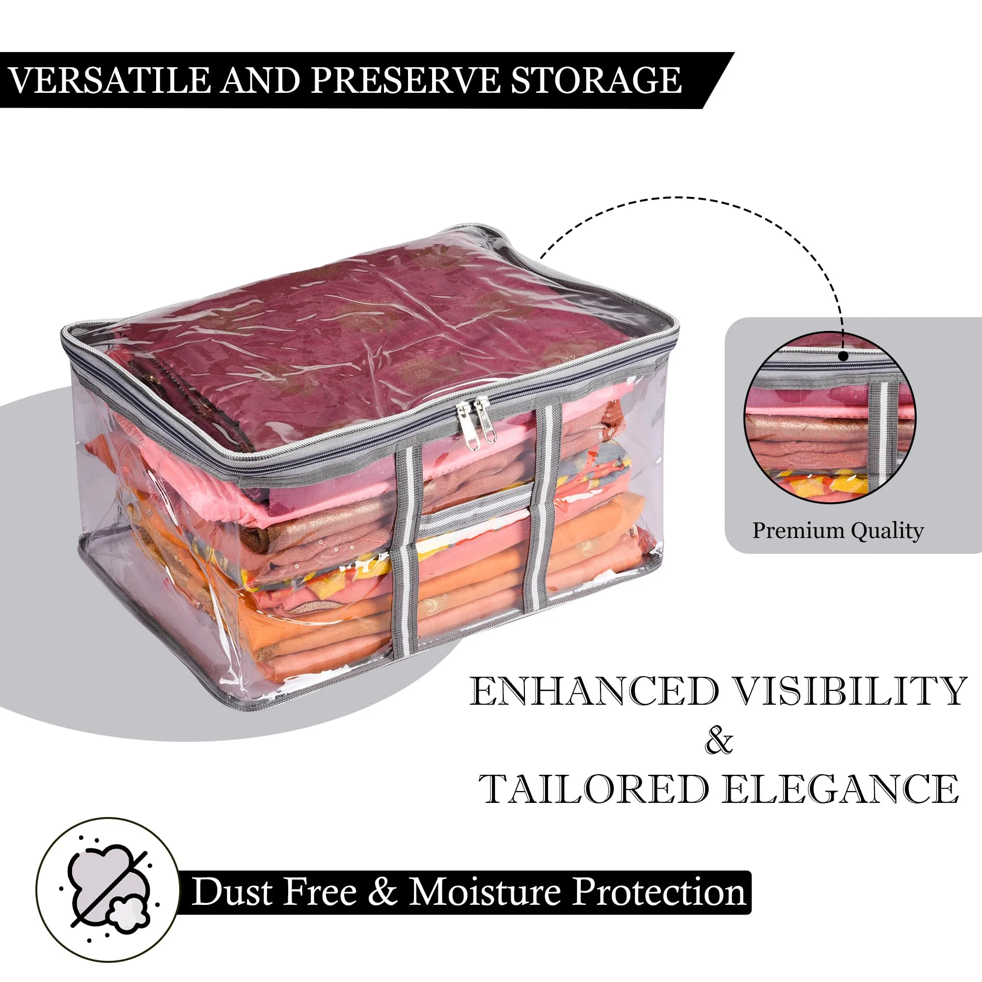 Kuber Industries Saree Cover | Clothes Storage Bag | Zip Closure Saree Cover | Wardrobe Organizer | Cloth Storage Organiser | Mesh Transparent Saree Cover | 3 Inch | Pack of 3 | Gray