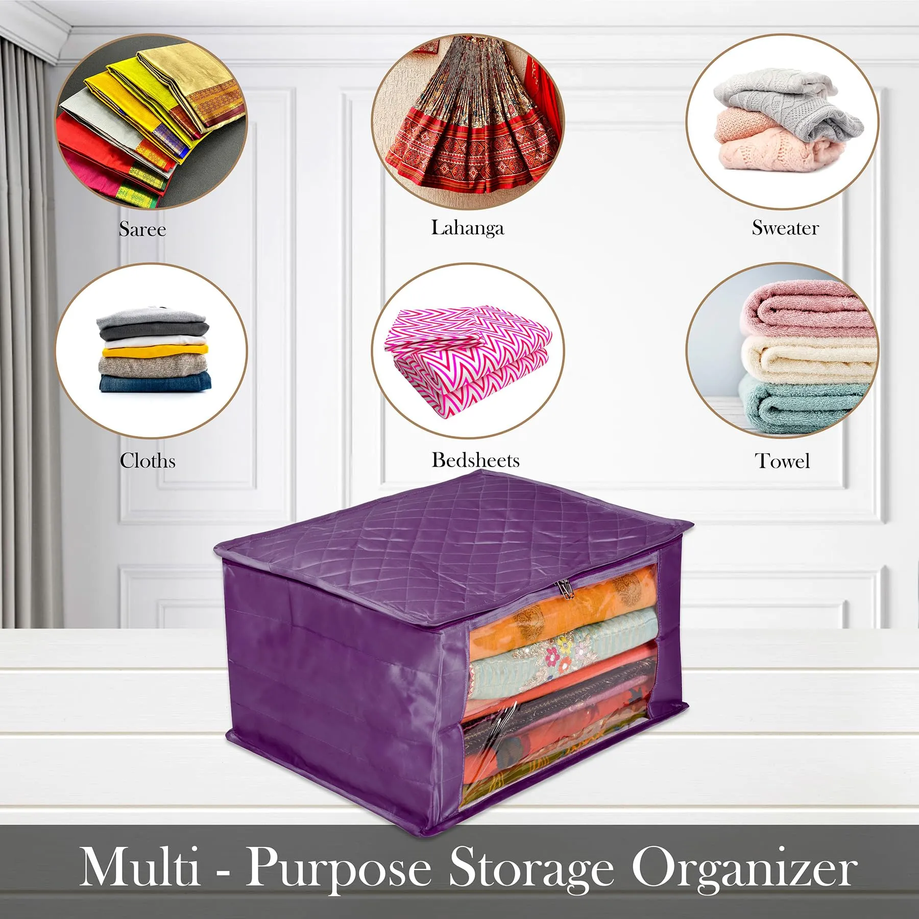 Kuber Industries Saree Cover | Zip Closure Saree Cover | Clothes Storage Bag | Wardrobe Organiser for Suit | Transparent Window Saree Cover | 9 inch | Purple
