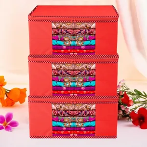 Kuber Industries Saree Cover | Zip Closure Saree Cover | Clothes Storage Bag | Wardrobe Organiser for Suit | Transparent Window Saree Cover | Dot Border-Design | 9 inch | Pack of 3 | Red