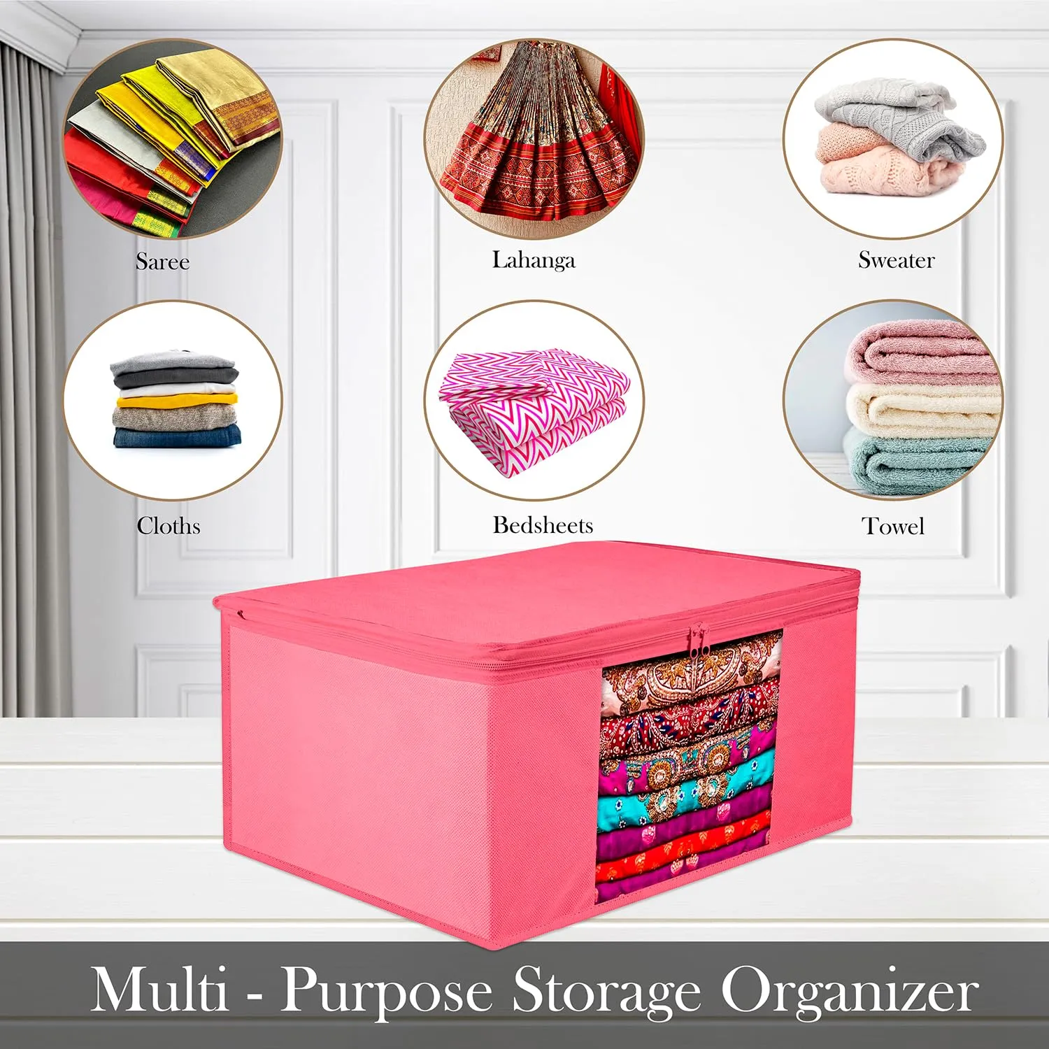 Kuber Industries Saree Cover | Zip Closure Saree Cover | Clothes Storage Bag | Wardrobe Organiser for Suit | Transparent Window Saree Cover | Plain Saree Cover | 9 inch | Pack of 6 | Pink