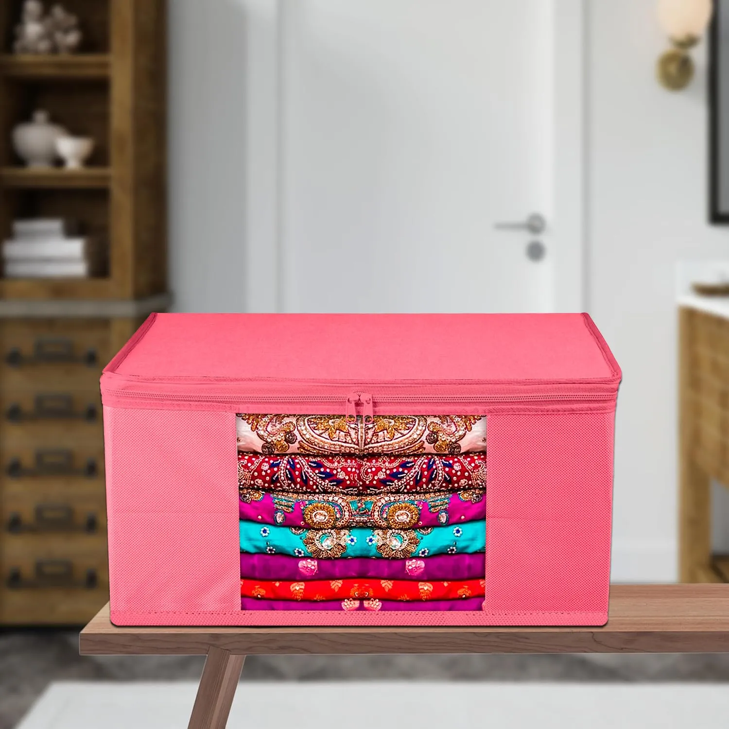 Kuber Industries Saree Cover | Zip Closure Saree Cover | Clothes Storage Bag | Wardrobe Organiser for Suit | Transparent Window Saree Cover | Plain Saree Cover | 9 inch | Pack of 6 | Pink