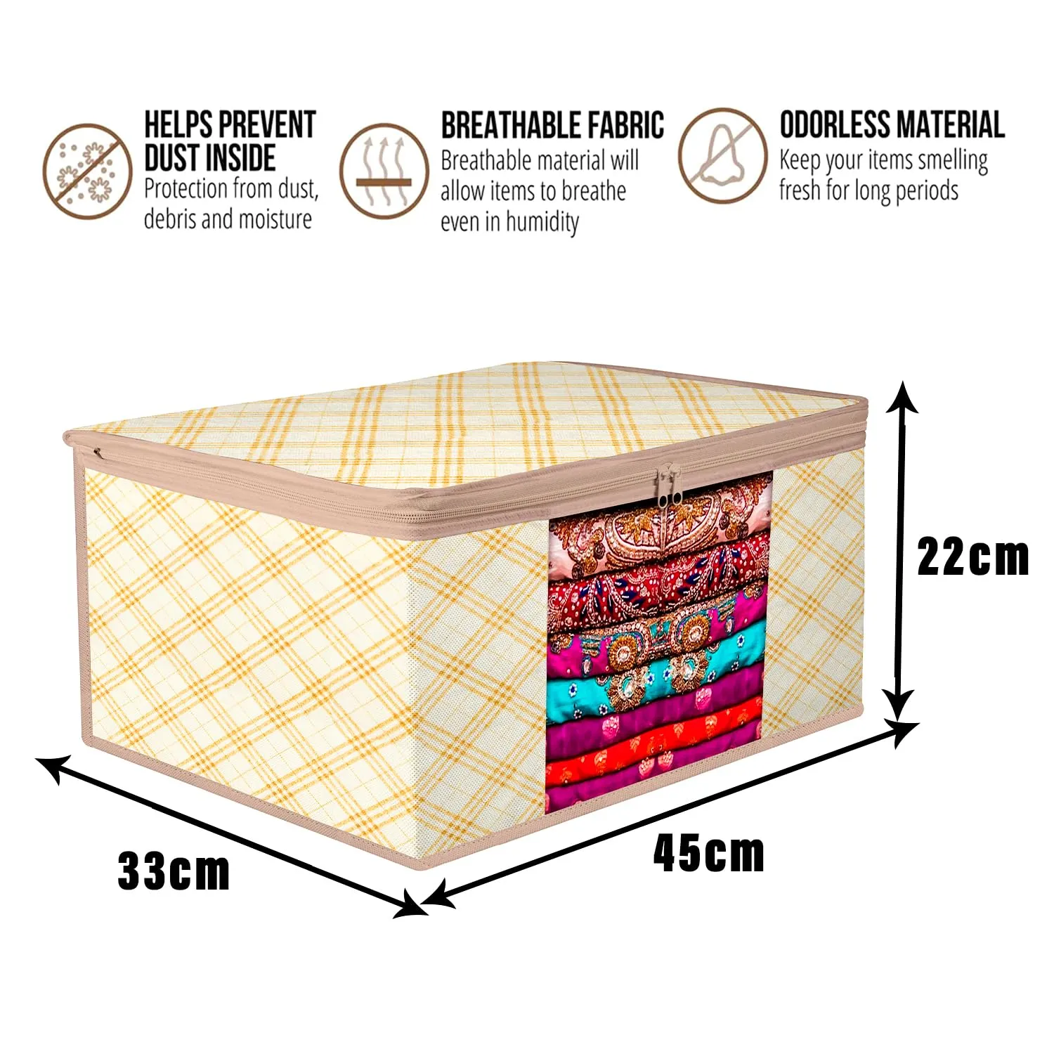 Kuber Industries Saree Cover | Zip Closure Saree Cover | Clothes Storage Bag | Wardrobe Organiser | Transparent Window Saree Cover | Check-Design | 9 inch | Pack of 6 | Cream