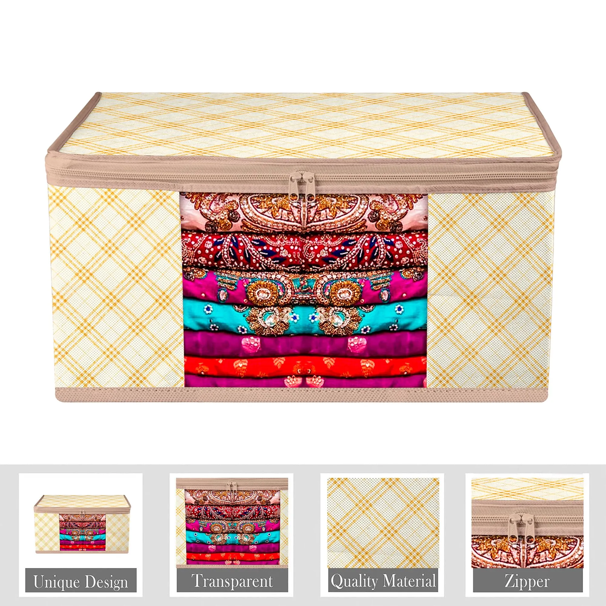 Kuber Industries Saree Cover | Zip Closure Saree Cover | Clothes Storage Bag | Wardrobe Organiser | Transparent Window Saree Cover | Check-Design | 9 inch | Pack of 6 | Cream