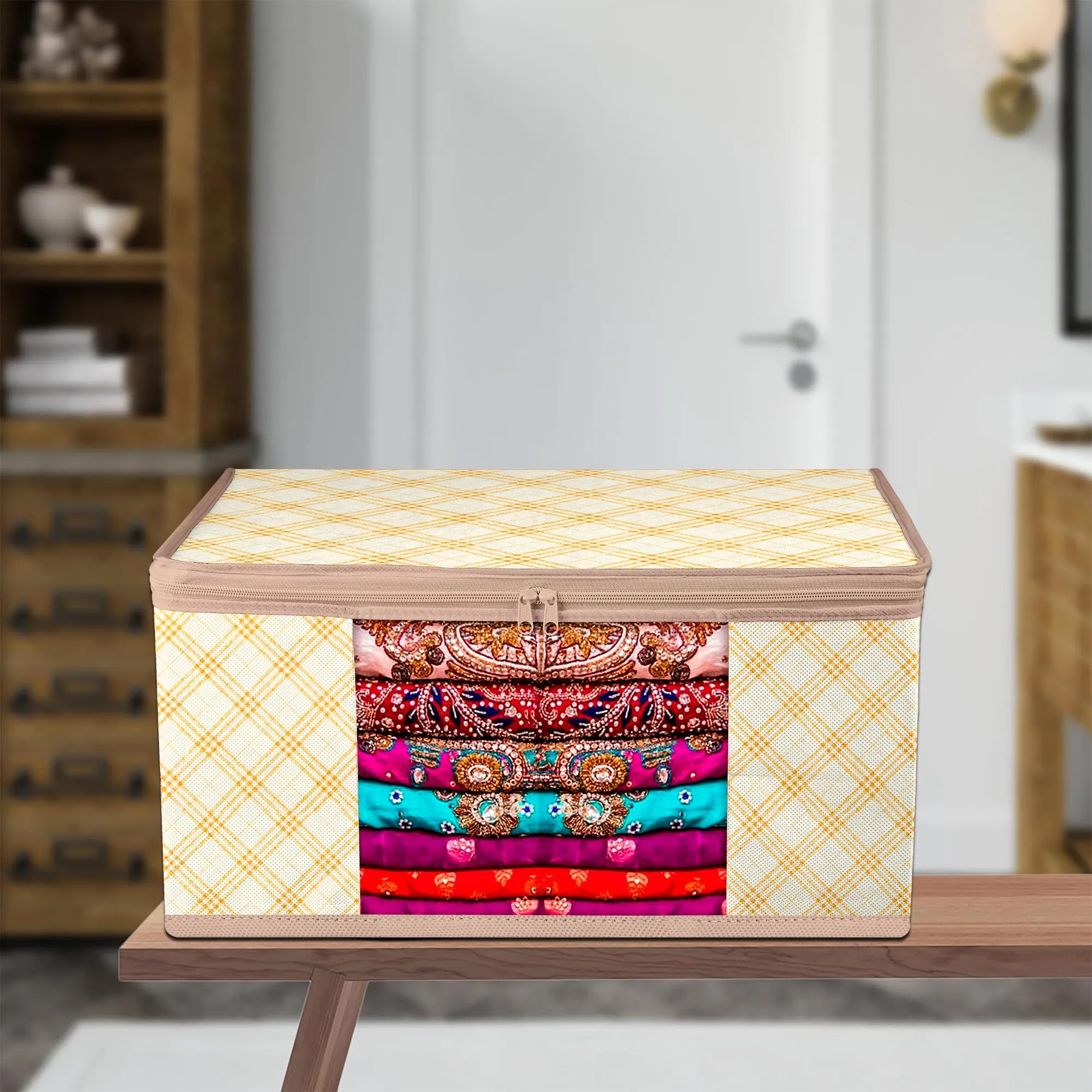 Kuber Industries Saree Cover | Zip Closure Saree Cover | Clothes Storage Bag | Wardrobe Organiser | Transparent Window Saree Cover | Check-Design | 9 inch | Pack of 6 | Cream