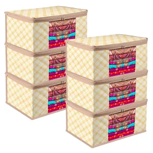 Kuber Industries Saree Cover | Zip Closure Saree Cover | Clothes Storage Bag | Wardrobe Organiser | Transparent Window Saree Cover | Check-Design | 9 inch | Pack of 6 | Cream
