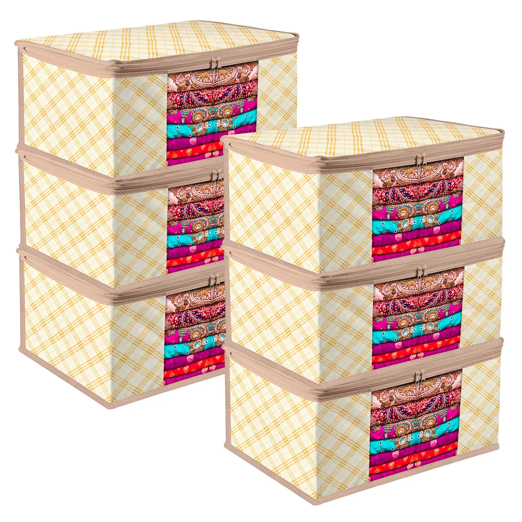 Kuber Industries Saree Cover | Zip Closure Saree Cover | Clothes Storage Bag | Wardrobe Organiser | Transparent Window Saree Cover | Check-Design | 9 inch | Pack of 6 | Cream