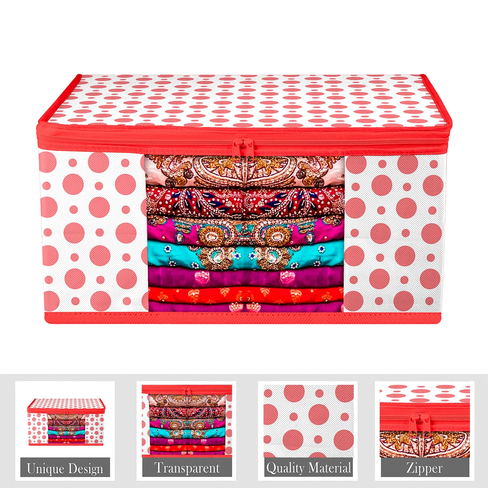 Kuber Industries Saree Cover | Zip Closure Saree Cover | Clothes Storage Bag | Wardrobe Organiser | Transparent Window Saree Cover | Dot-Design | 9 inch | Pack of 3 | Red
