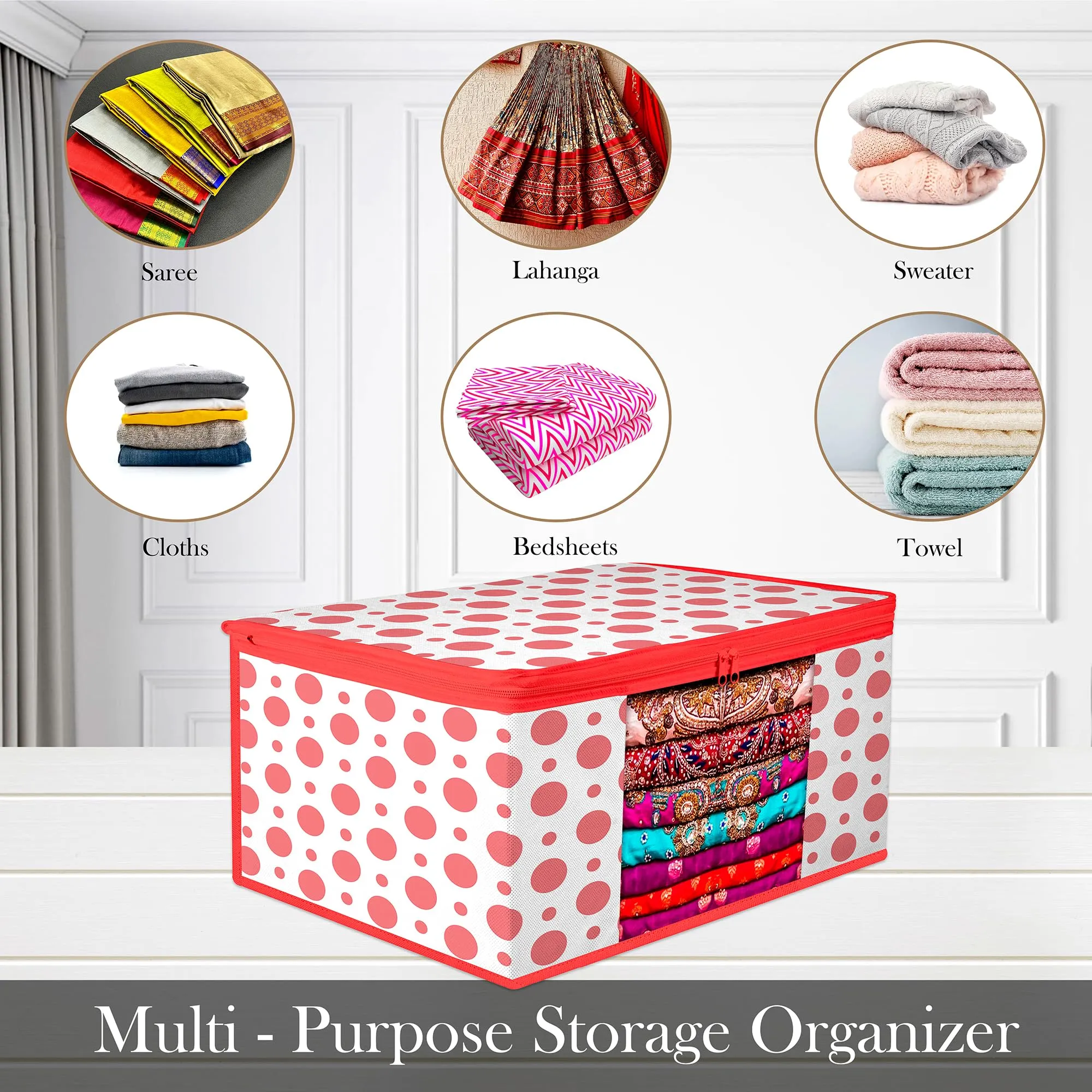 Kuber Industries Saree Cover | Zip Closure Saree Cover | Clothes Storage Bag | Wardrobe Organiser | Transparent Window Saree Cover | Dot-Design | 9 inch | Pack of 3 | Red