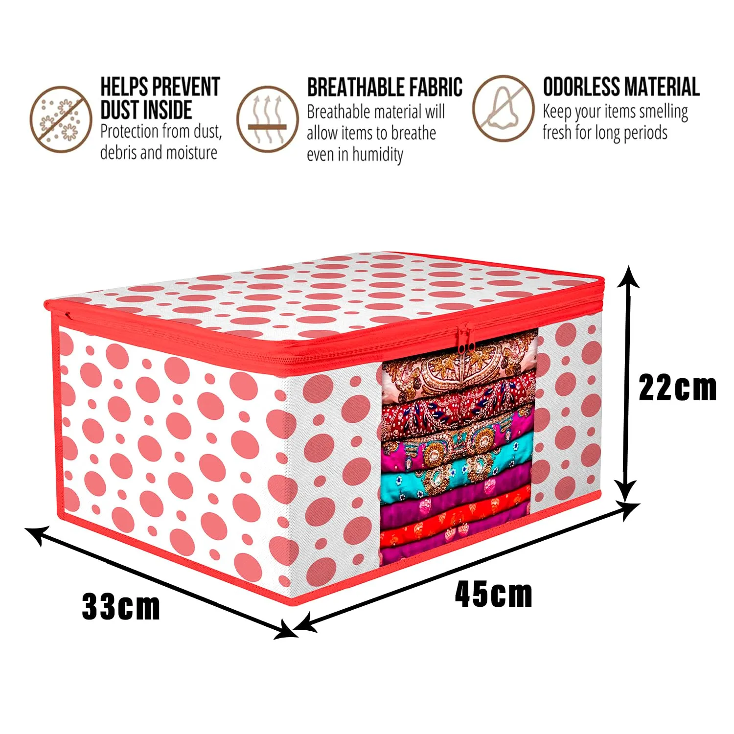 Kuber Industries Saree Cover | Zip Closure Saree Cover | Clothes Storage Bag | Wardrobe Organiser | Transparent Window Saree Cover | Dot-Design | 9 inch | Pack of 3 | Red
