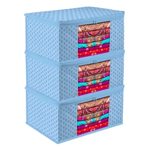 Kuber Industries Saree Cover | Zip Closure Saree Cover | Clothes Storage Bag | Wardrobe Organiser | Transparent Window Saree Cover | Floral-Design | 9 inch | Pack of 3 | Blue