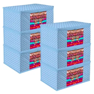 Kuber Industries Saree Cover | Zip Closure Saree Cover | Clothes Storage Bag | Wardrobe Organiser | Transparent Window Saree Cover | Floral-Design | 9 inch | Pack of 6 | Blue