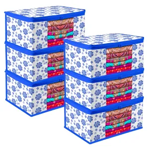 Kuber Industries Saree Cover | Zip Closure Saree Cover | Clothes Storage Bag | Wardrobe Organiser | Transparent Window Saree Cover | Flower-Design | 9 inch | Pack of 6 | Blue