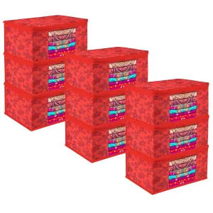 Kuber Industries Saree Cover | Zip Closure Saree Cover | Clothes Storage Bag | Wardrobe Organiser | Transparent Window Saree Cover | Flower-Design | 9 inch | Pack of 9 | Red