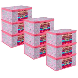 Kuber Industries Saree Cover | Zip Closure Saree Cover | Clothes Storage Bag | Wardrobe Organiser | Transparent Window Saree Cover | Flower Patta-Design | 9 inch | Pack of 9 | Pink