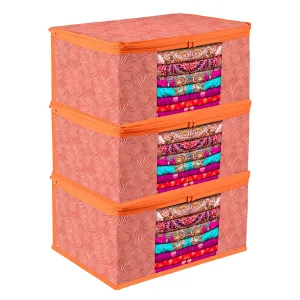 Kuber Industries Saree Cover | Zip Closure Saree Cover | Clothes Storage Bag | Wardrobe Organiser | Transparent Window Saree Cover | Lahariya-Design | 9 inch | Pack of 3 | Orange