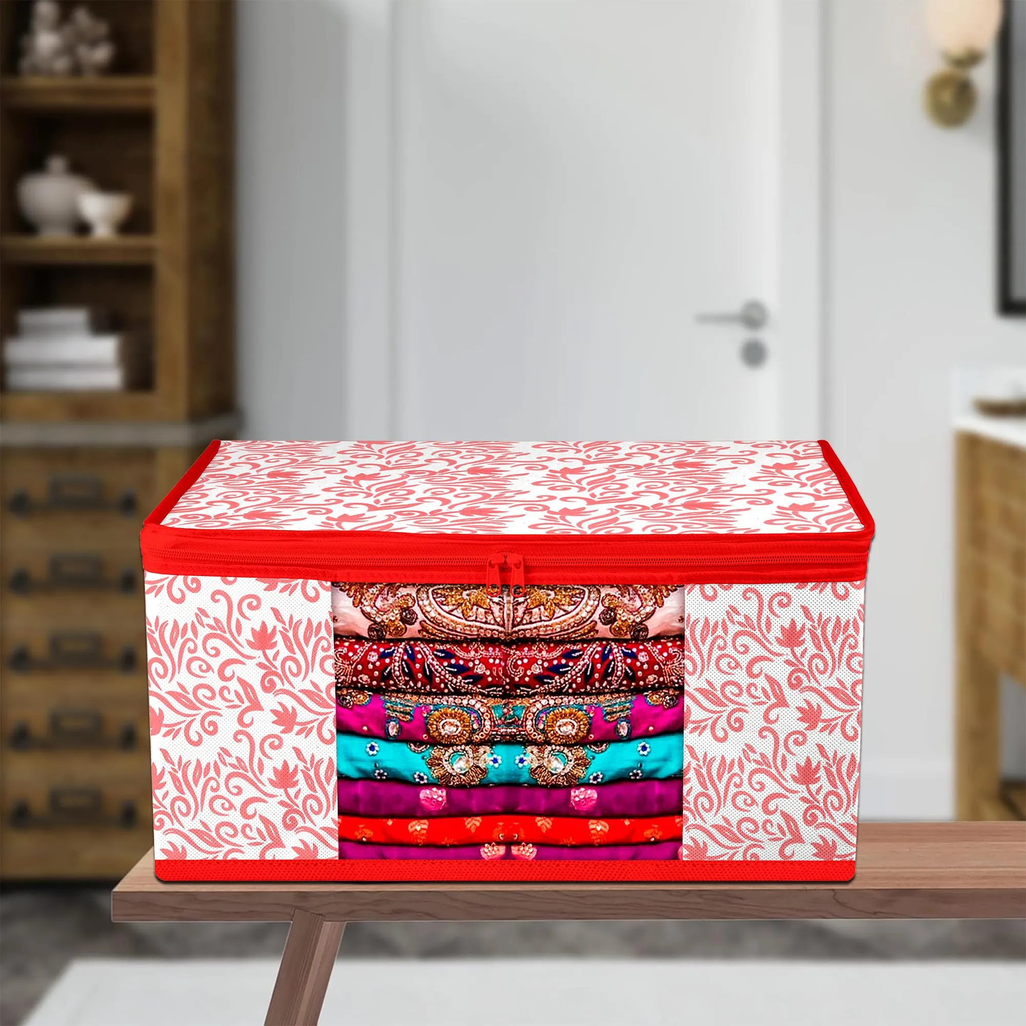 Kuber Industries Saree Cover | Zip Closure Saree Cover | Clothes Storage Bag | Wardrobe Organiser | Transparent Window Saree Cover | Leaf-Design | 9 inch | Pack of 12 | Red