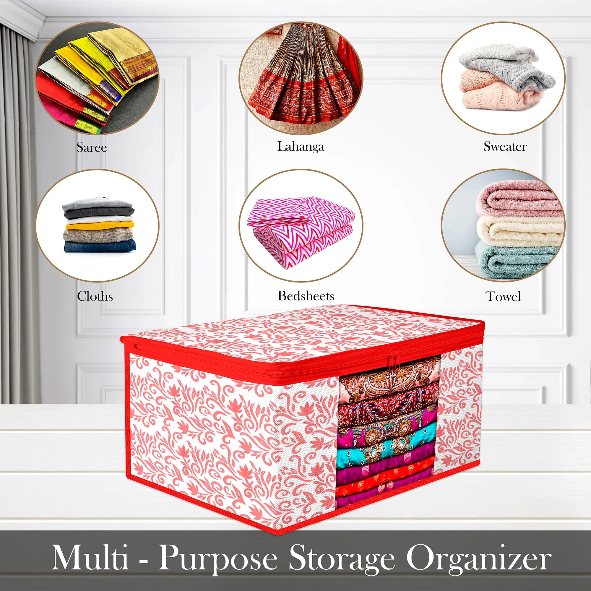 Kuber Industries Saree Cover | Zip Closure Saree Cover | Clothes Storage Bag | Wardrobe Organiser | Transparent Window Saree Cover | Leaf-Design | 9 inch | Pack of 12 | Red