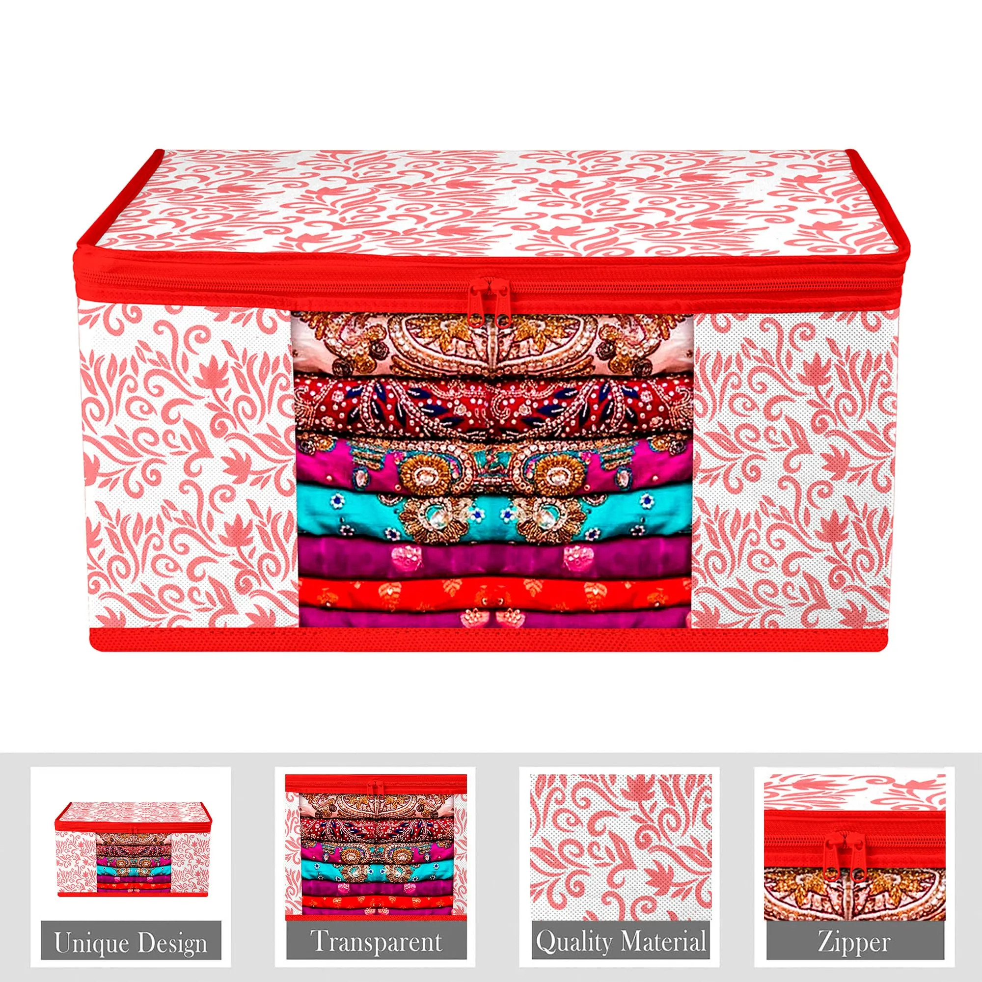 Kuber Industries Saree Cover | Zip Closure Saree Cover | Clothes Storage Bag | Wardrobe Organiser | Transparent Window Saree Cover | Leaf-Design | 9 inch | Pack of 12 | Red