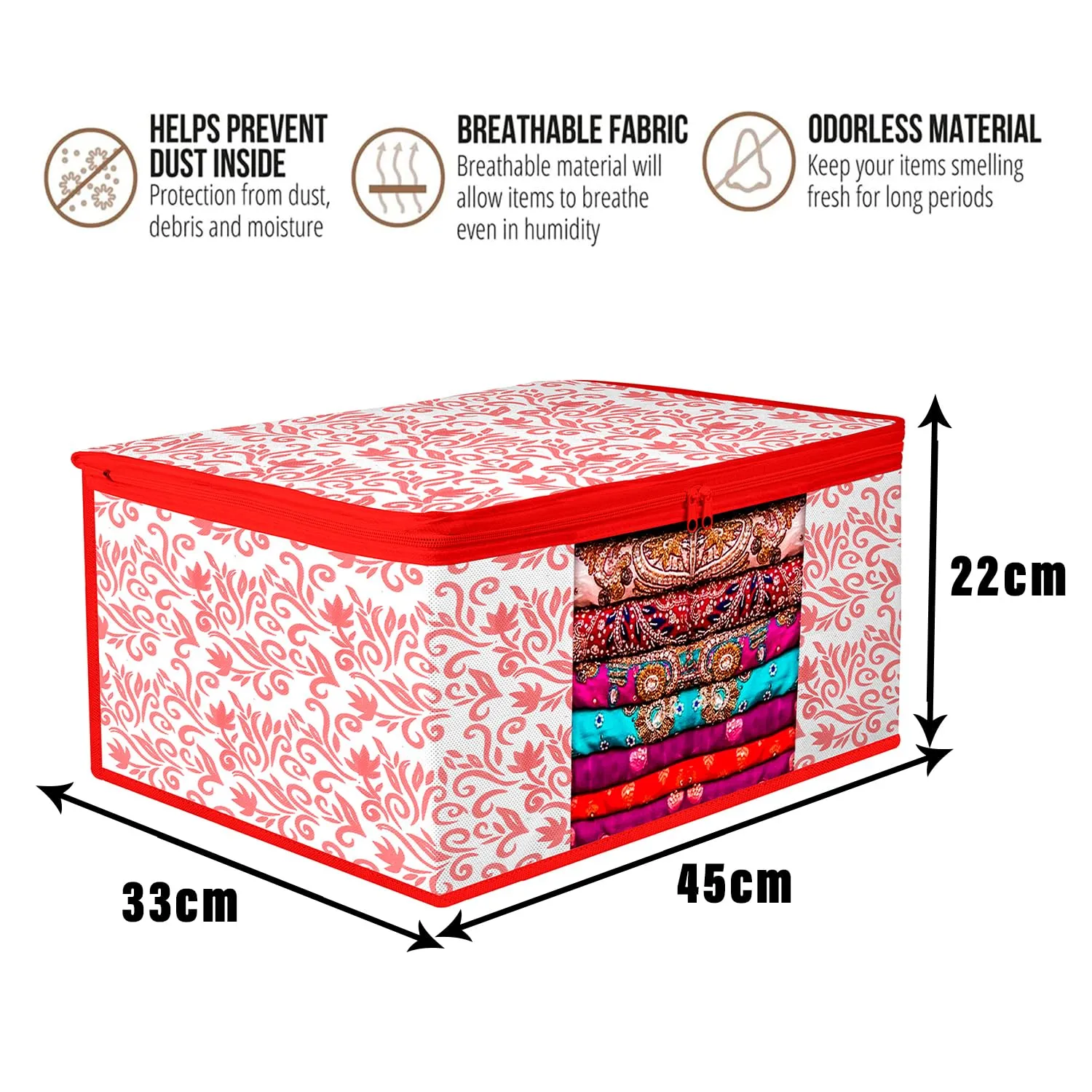Kuber Industries Saree Cover | Zip Closure Saree Cover | Clothes Storage Bag | Wardrobe Organiser | Transparent Window Saree Cover | Leaf-Design | 9 inch | Pack of 12 | Red