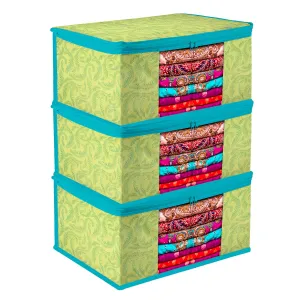 Kuber Industries Saree Cover | Zip Closure Saree Cover | Clothes Storage Bag | Wardrobe Organiser | Transparent Window Saree Cover | Leaf-Design | 9 inch | Pack of 3 | Green