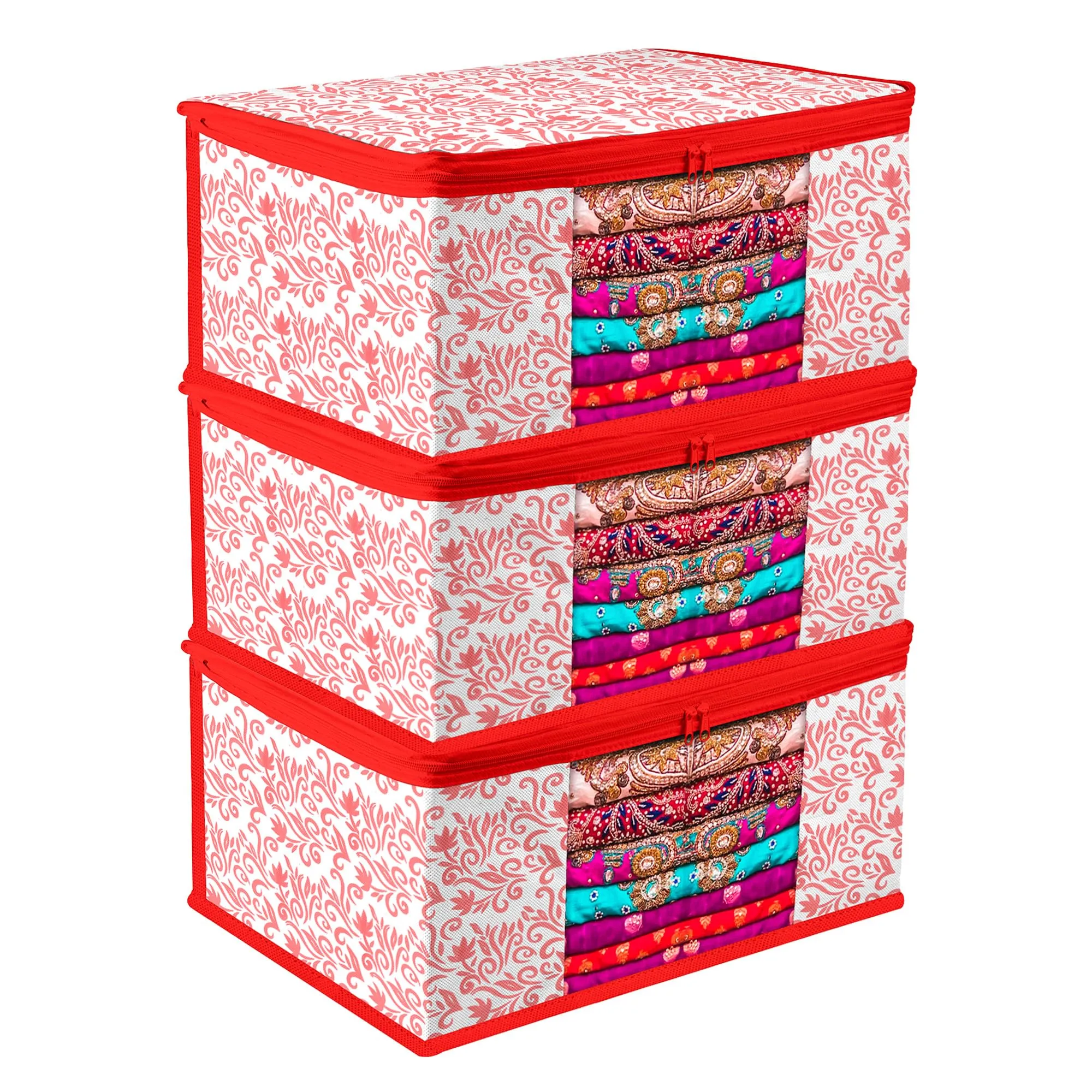 Kuber Industries Saree Cover | Zip Closure Saree Cover | Clothes Storage Bag | Wardrobe Organiser | Transparent Window Saree Cover | Leaf-Design | 9 inch | Pack of 3 | Red