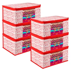 Kuber Industries Saree Cover | Zip Closure Saree Cover | Clothes Storage Bag | Wardrobe Organiser | Transparent Window Saree Cover | Leaf-Design | 9 inch | Pack of 6 | Red