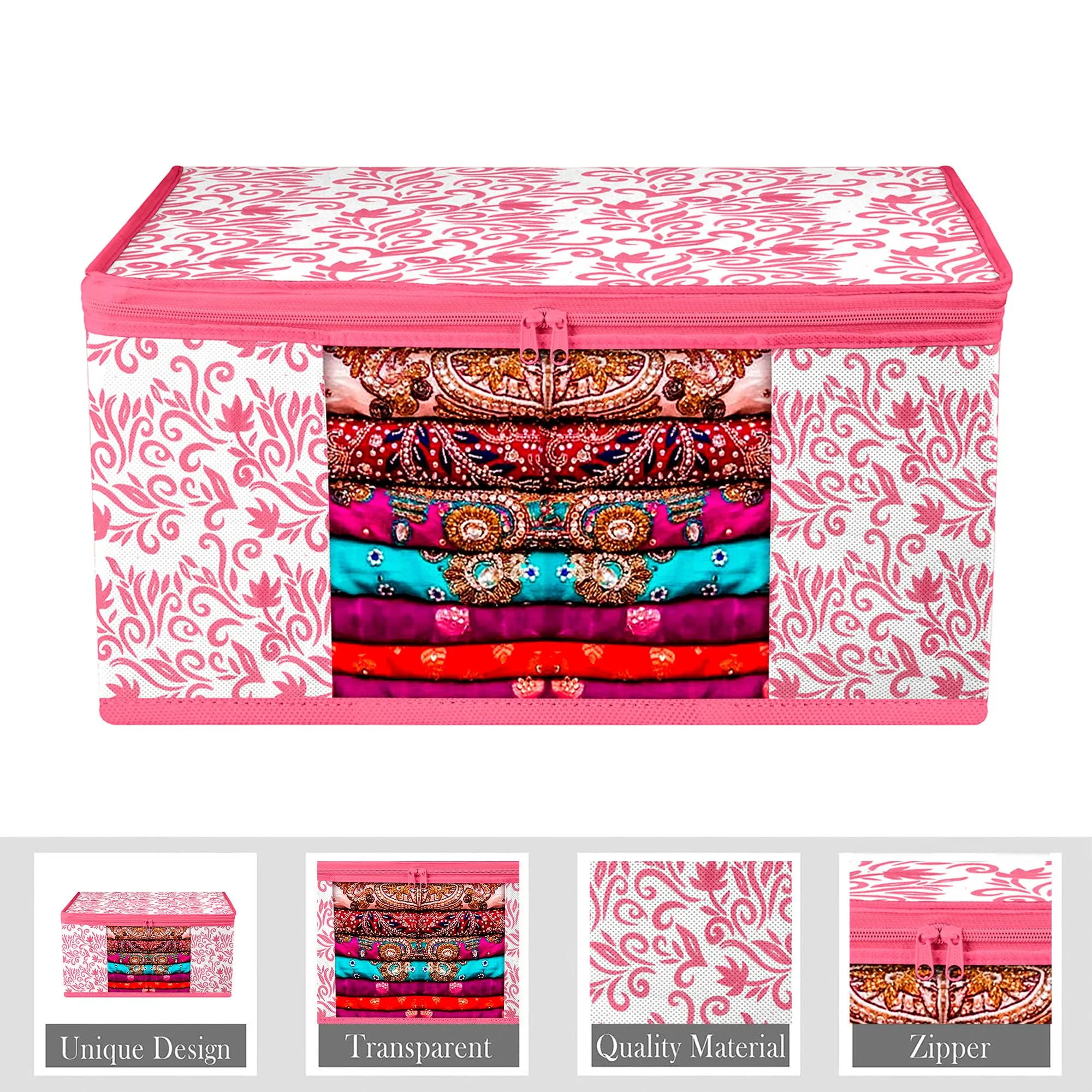 Kuber Industries Saree Cover | Zip Closure Saree Cover | Clothes Storage Bag | Wardrobe Organiser | Transparent Window Saree Cover | Leaf-Design | 9 inch | Pack of 9 | Pink