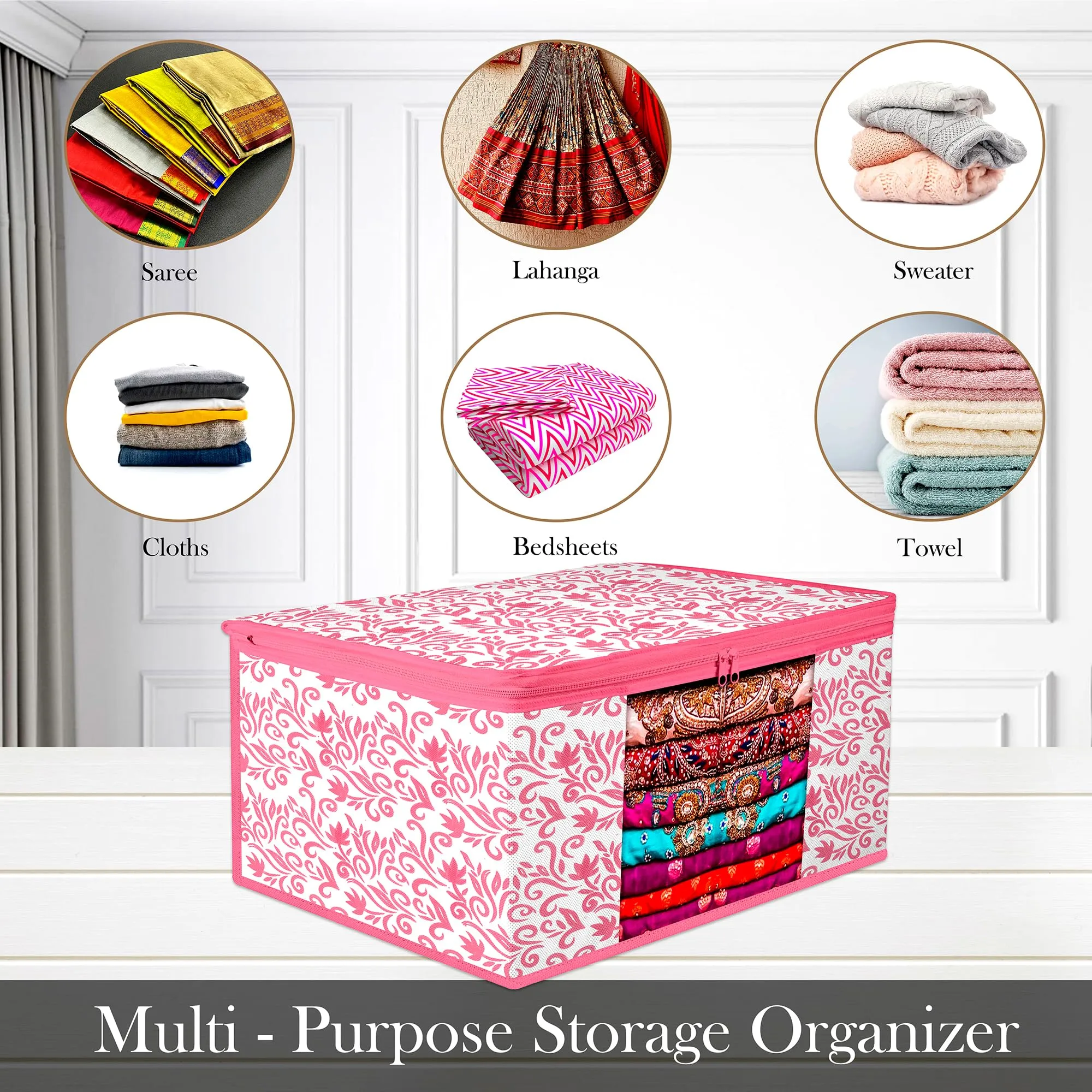Kuber Industries Saree Cover | Zip Closure Saree Cover | Clothes Storage Bag | Wardrobe Organiser | Transparent Window Saree Cover | Leaf-Design | 9 inch | Pack of 9 | Pink