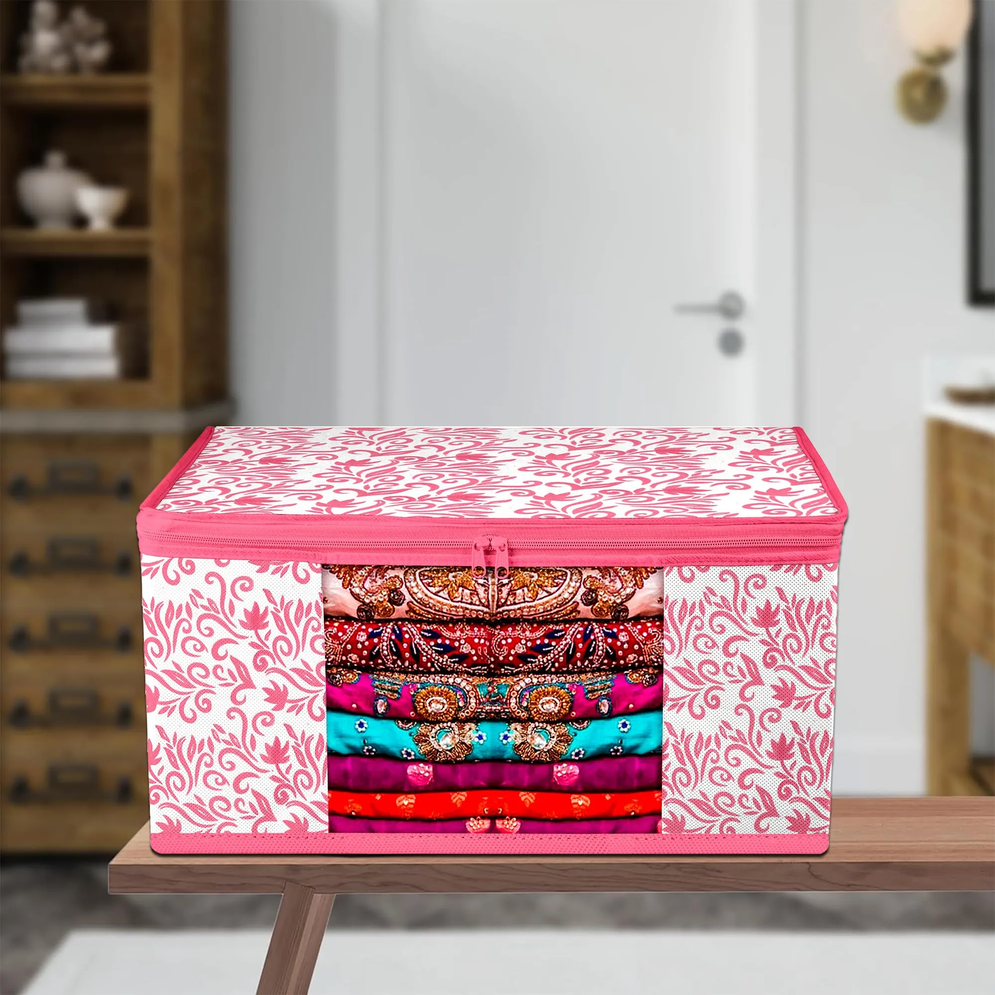 Kuber Industries Saree Cover | Zip Closure Saree Cover | Clothes Storage Bag | Wardrobe Organiser | Transparent Window Saree Cover | Leaf-Design | 9 inch | Pack of 9 | Pink