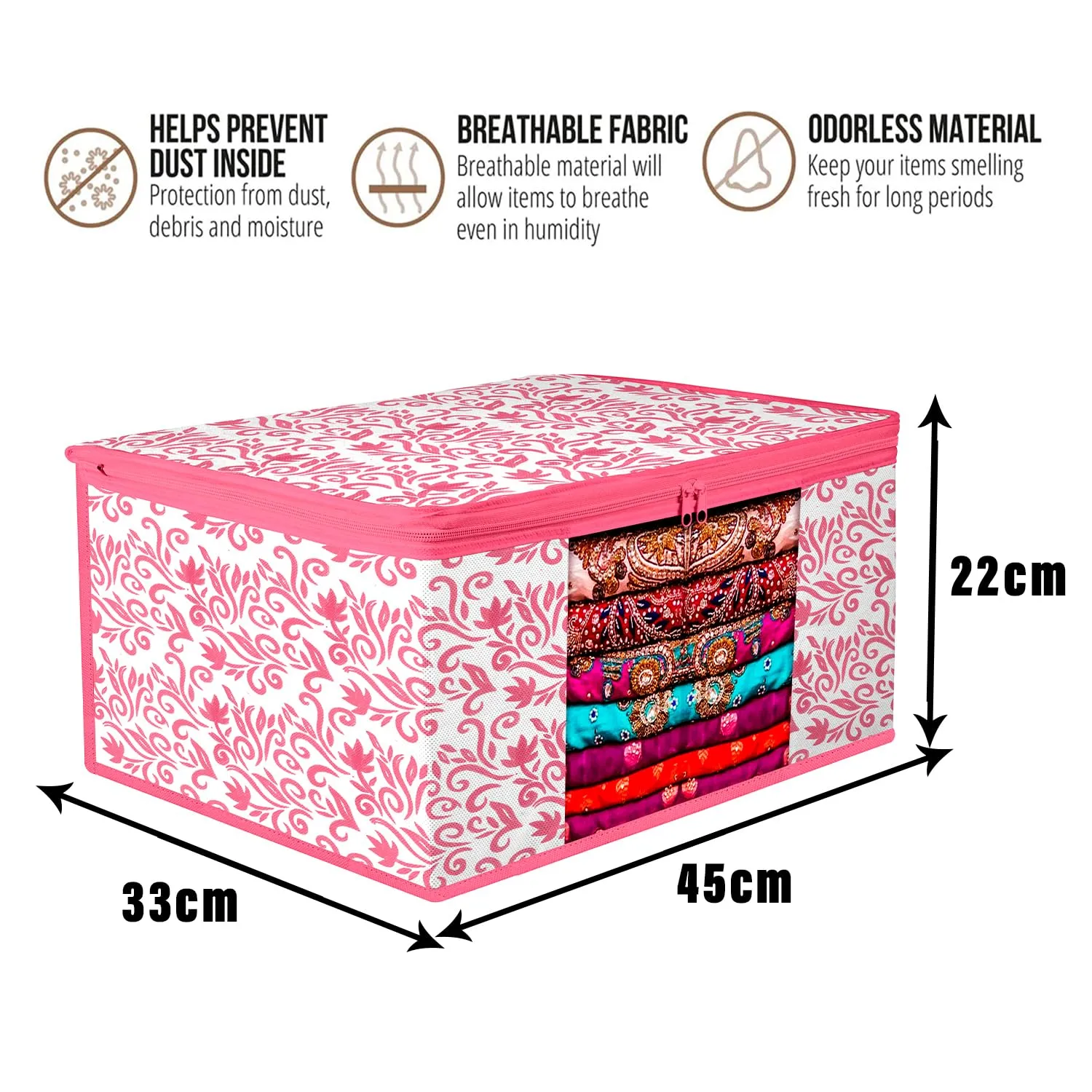 Kuber Industries Saree Cover | Zip Closure Saree Cover | Clothes Storage Bag | Wardrobe Organiser | Transparent Window Saree Cover | Leaf-Design | 9 inch | Pack of 9 | Pink