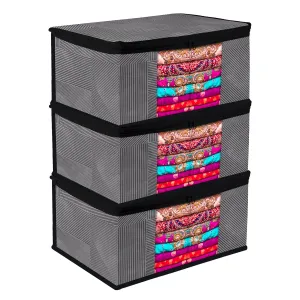 Kuber Industries Saree Cover | Zip Closure Saree Cover | Clothes Storage Bag | Wardrobe Organiser | Transparent Window Saree Cover | Lining-Design | 9 inch | Pack of 3 | Gray