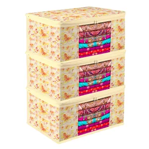 Kuber Industries Saree Cover | Zip Closure Saree Cover | Clothes Storage Bag | Wardrobe Organiser | Transparent Window Saree Cover | Red-Flower-Design | 9 inch | Pack of 3 | Ivory