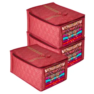 Kuber Industries Saree Cover | Zip Closure Saree Cover | Clothes Storage Bag | Wardrobe Organizer | Transparent Window Saree Cover | Bow Golden Printed | 9 Inch | Pack of 3 | Maroon