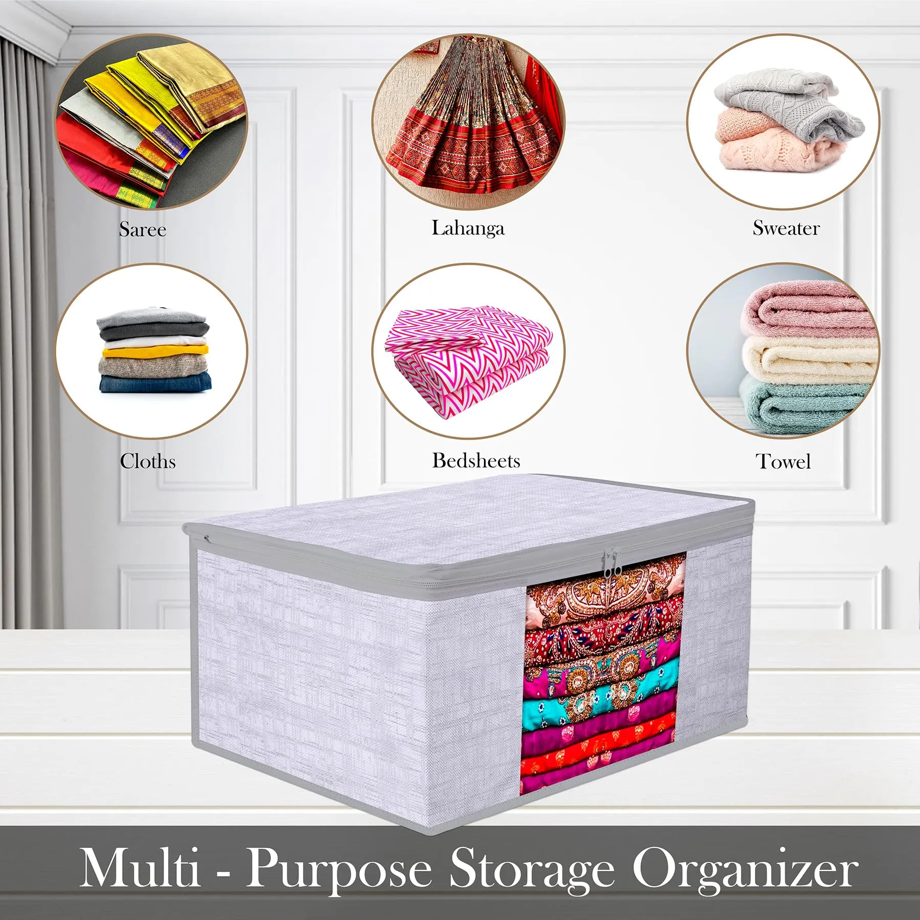 Kuber Industries Saree Cover | Zip Closure Saree Cover | Clothes Storage Bag | Wardrobe Organizer | Transparent Window Saree Cover | Jute Printed | 9 Inch | Pack of 3 | Gray